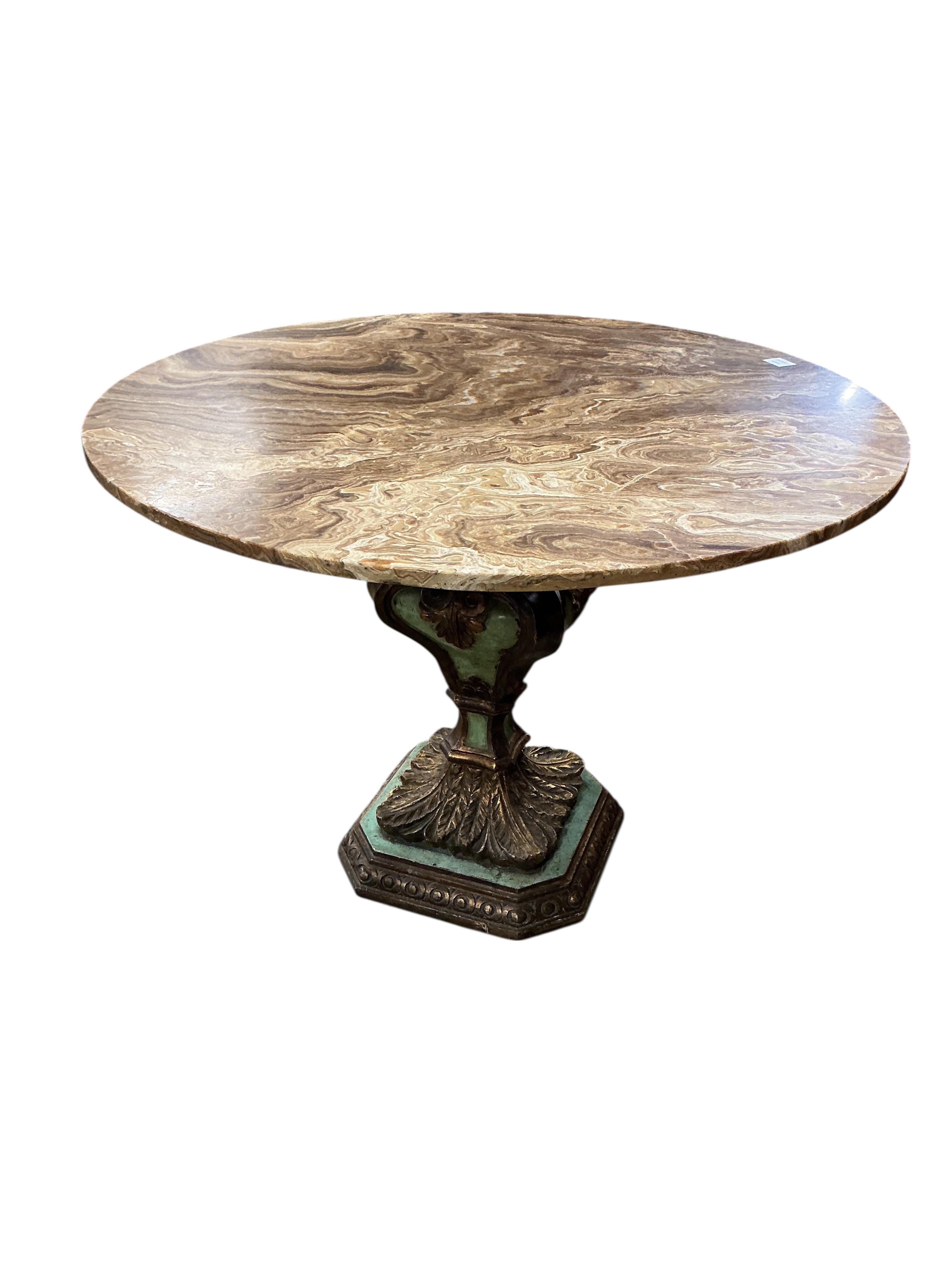 A Contemporary 18th century style circular alabaster table on giltwood and painted baluster column, diameter 104cm, height 76cm